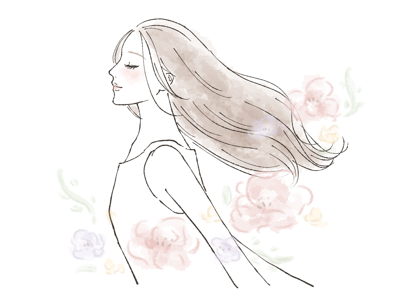 花に囲まれ、やさしく微笑む女性のイラスト